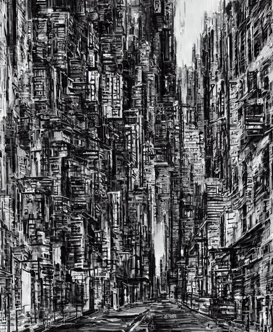 Image similar to cityscape alleyway dark grungy new york painting in the style of Bob Ross