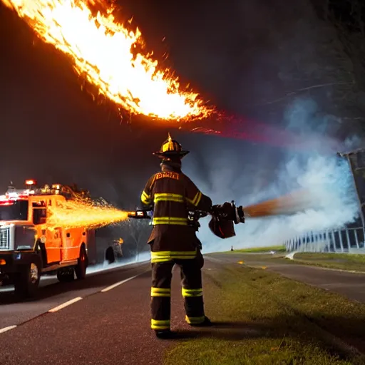 Image similar to photo of a firefighter using a flamethrower projecting a long flame