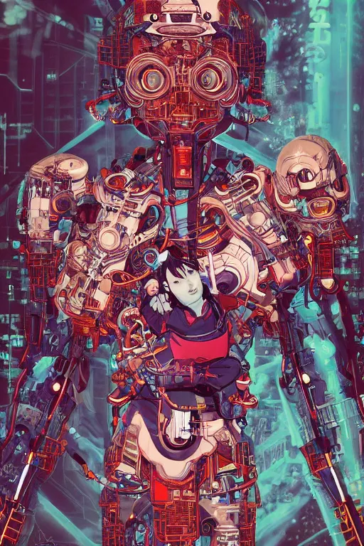 Prompt: japanese cyborg, part by james jean, part by ross tran, tristan eaton, victo ngai, artgerm, collage art, mixed media, photorealism, ultrarealistic, digital painting, dramatic lighting, highly detailed, 8 k, vibrant