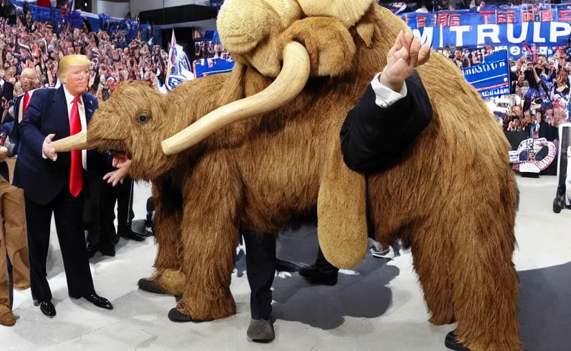 Image similar to Donald Trump in a baby mammoth costume , with an open face