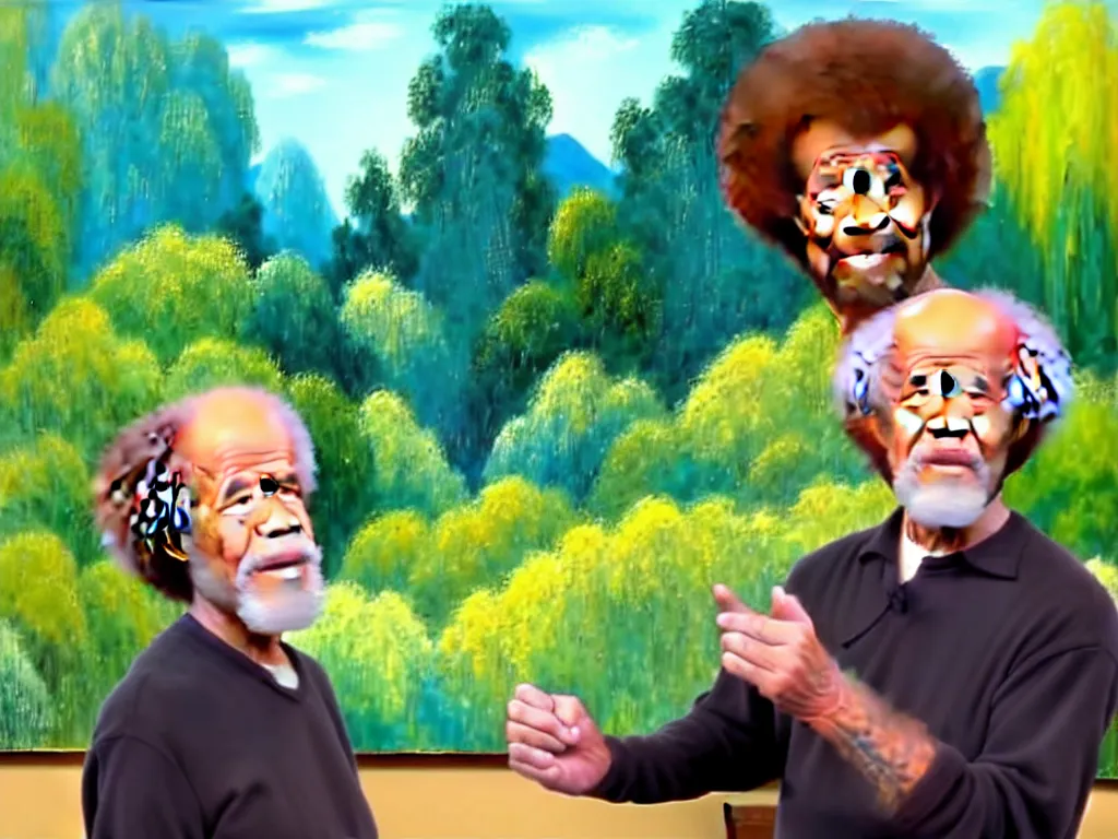 Image similar to old!!!! bob ross is sad and angry and yelling!!! at a huge painting of nature by bob ross