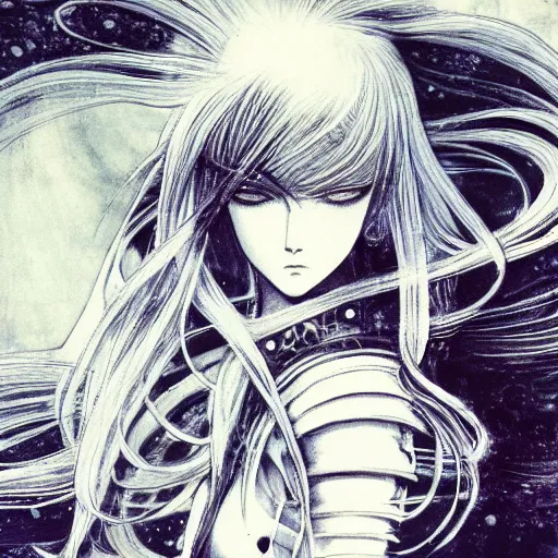 Image similar to yoshitaka amano blurred and dreamy illustration of an anime girl with black eyes, wavy white hair fluttering in the wind wearing elden ring armor and engraving, abstract black and white patterns on the background, noisy film grain effect, highly detailed, renaissance oil painting, weird portrait angle, blurred lost edges, three quarter view