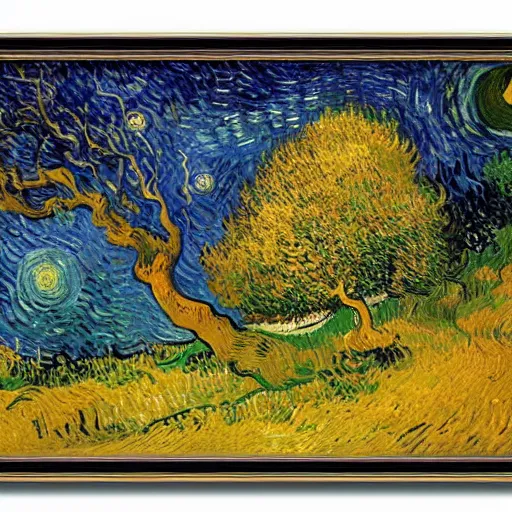 Image similar to This painting has such a feeling of peace and serenity. The tree is so still and calm, despite the wind blowing around it. The moonlight casts a soft glow over everything and the starts seem to be winking at you... by Van Gogh