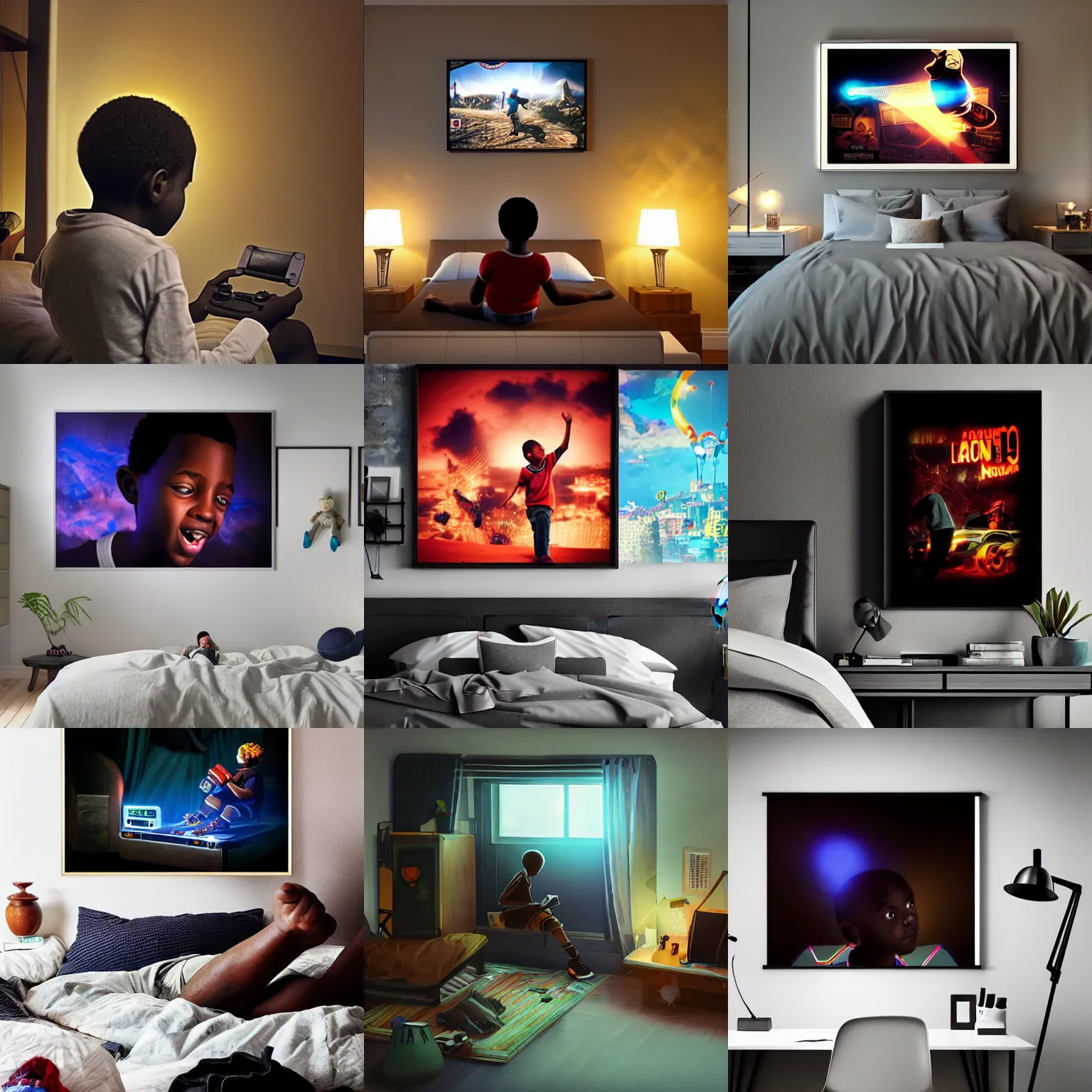 Prompt: a black boy in 1 9 9 0 s playing video - game in your bedroom, posters on wall, elegant digital art high detailed, volumetric light - s 1 5 0