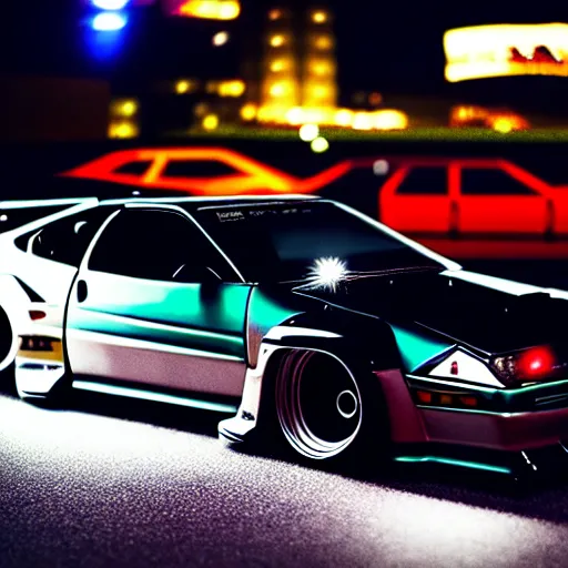 Image similar to a car 300ZX twin turbo drift at illegal car meet, Shibuya prefecture, city midnight mist lights, cinematic lighting, photorealistic, highly detailed wheels, high detail