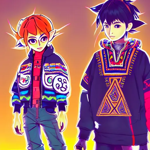 Image similar to majora majora's mask wearing oversized mayan bomber jacket with overalls, bulky poofy bomber jacket with mayan patterns, aztec street fashion, botw art style, gapmoe yandere grimdark, trending on pixiv fanbox, painted by greg rutkowski makoto shinkai takashi takeuchi studio ghibli, akihiko yoshida