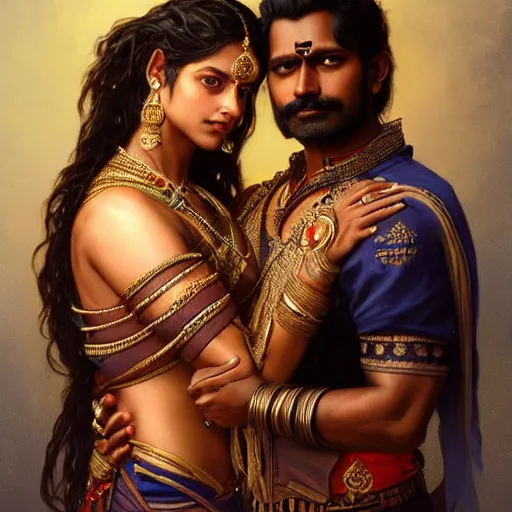 Image similar to portrait painting of dark muscular indian royal couple hugging, ultra realistic, concept art, intricate details, eerie, highly detailed, photorealistic, octane render, 8 k, unreal engine. art by artgerm and greg rutkowski and alphonse mucha