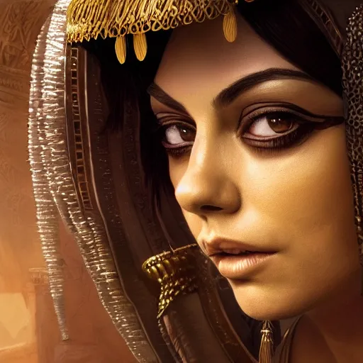 Prompt: closeup portrait of mila kunis as cleopatra, palace background, dramatic light, gorgeous view, depth, high detail, digital art, painted by seb mckinnon and greg rutkowski, trending on artstation