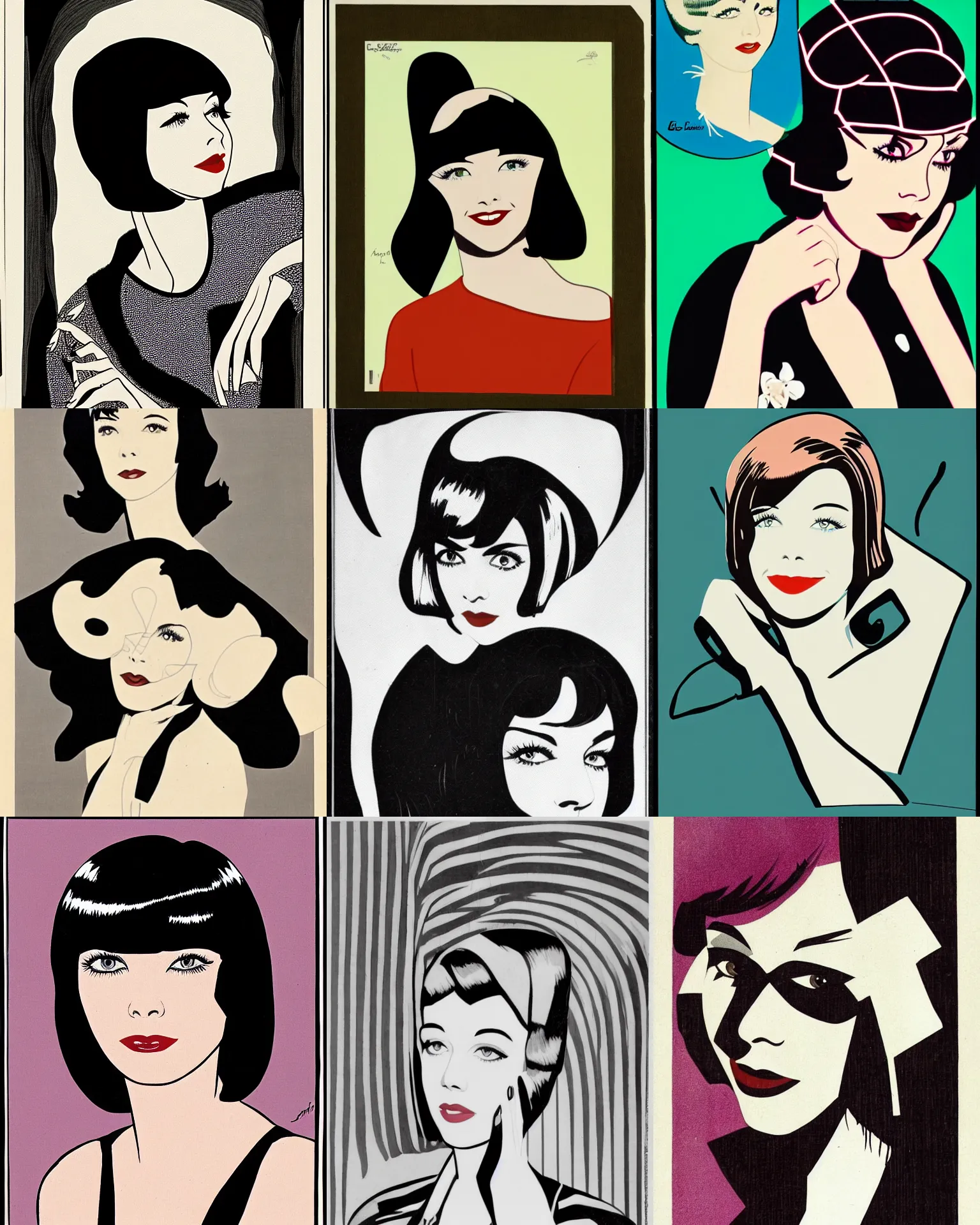 Image similar to Colleen Moore 25 years old, bob haircut, portrait by Patrick Nagel