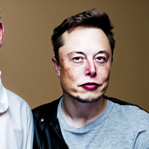 Image similar to A portrait photo of Elon Musk teams up with a teenage Elon Musk, perfect faces, 50 mm, award winning photography