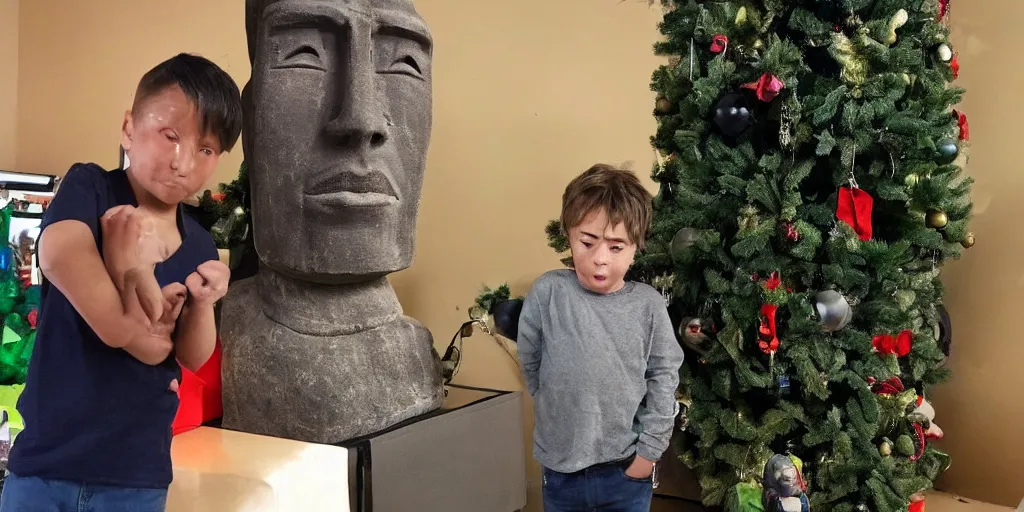 Prompt: disappointed kid after receiving a hyperrealistic giant moai statue for a christmas present. christmas tree as background. wide angle shot. render 5. octane render. highly detailed, trending on reddit. trending on 9 gag, trending on social media memes.