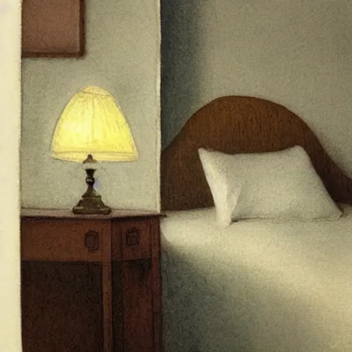 Image similar to a lonely girl in a liminal hotel room, watercolor by hammershøi, limited color palette, very intricate, art nouveau, highly detailed, lights by hopper, soft pastel colors, minimalist