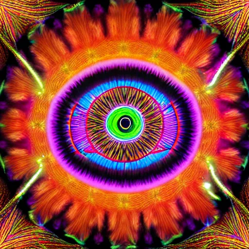 Image similar to an all seeing eye surrounded by a colorful pattern, digital art by Alex Grey, behance, psychedelic art, psychedelic, hypnotic, fractalism