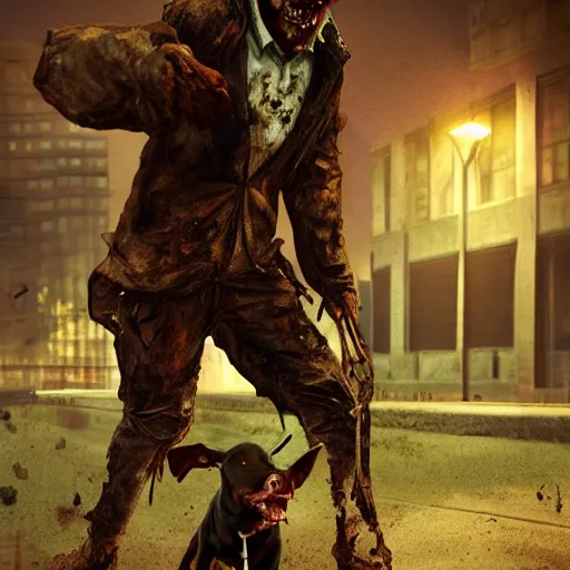 Image similar to dogwalker as angry zombie with a pit bull in a city park, full body portrait, horror core, apocalyptic, sharp focus, fiction, hyper detailed, digital art, trending in artstation, cinematic lighting, studio quality, smooth render, unreal engine 5 rendered, octane rendered, art style and nixeu and wlop and krenz cushart