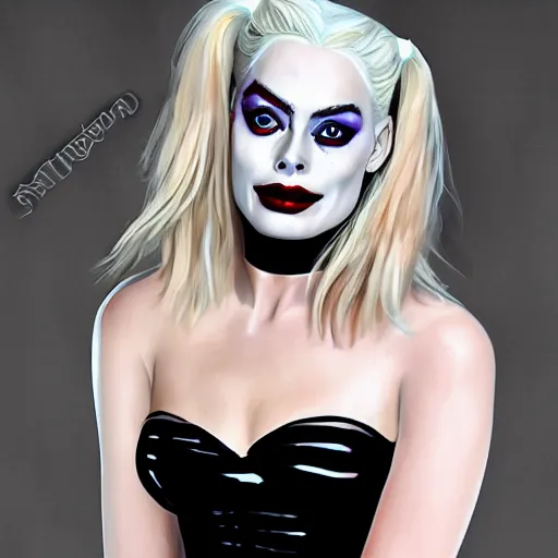 Image similar to beautiful margot robbie with harley quinn makeup, highly detailed, realistic face, amazing digital art