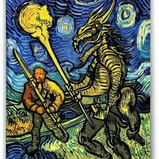 Image similar to a knight, shooting a dragon with an ak-47, by Van Gogh