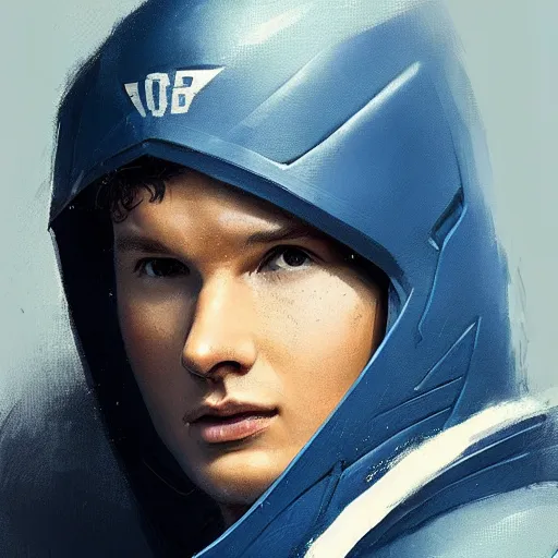 Prompt: portrait of a superhero by greg rutkowski, he looks like ansel elgort, he is wearing a blue and white kevlar gear with a cape, highly detailed portrait, digital painting, artstation, concept art, smooth, sharp foccus ilustration, artstation hq
