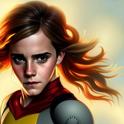 Image similar to beautiful Emma Watson as Kid Flash, western, closeup, D&D, fantasy, intricate, elegant, highly detailed, digital painting, artstation, concept art, matte, sharp focus, illustration, art by Artgerm and Greg Rutkowski and Alphonse Mucha