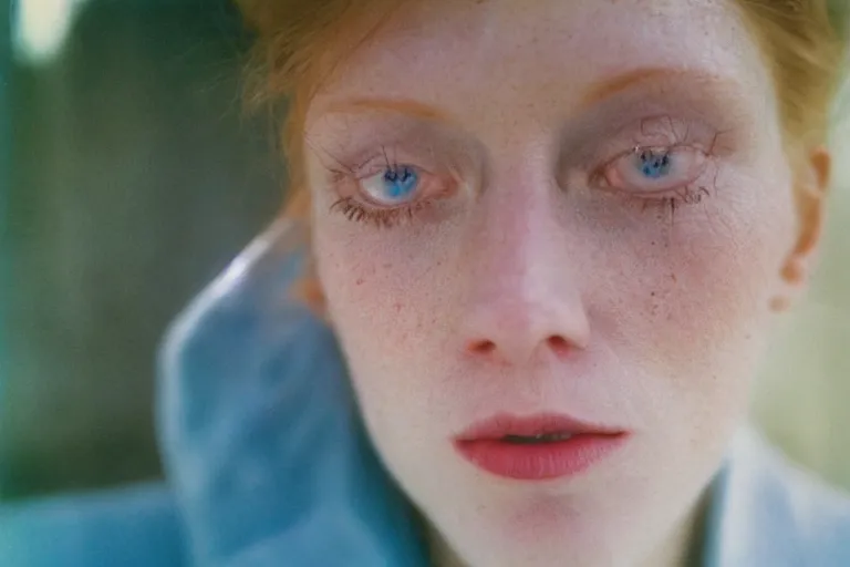 Prompt: close up portrait photography of a symmetric white ginger woman face with blue eyes, soft light, 35mm, film photo, Joel Meyerowitz