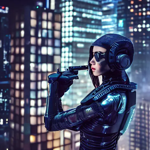 Image similar to cinestill 5 0 d candid photographic portrait of a techwear woman holding a gun on the rooftop of a futuristic city at night, closeup, modern cyberpunk moody emotional cinematic, clear skies, 8 k, hd, high resolution, 3 5 mm, f / 3 2, ultra realistic faces, ex machina