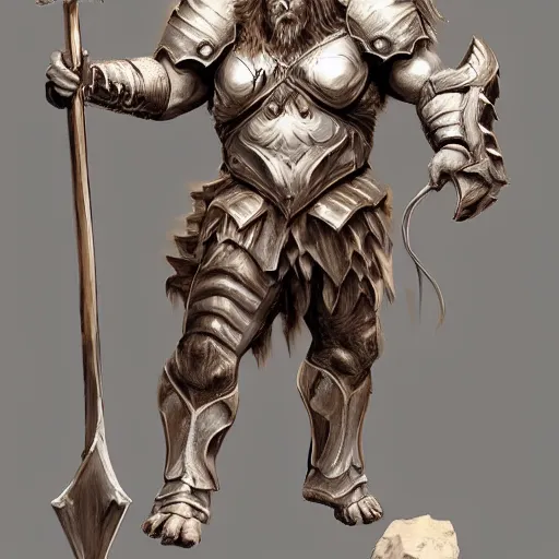 Prompt: Giant minotaur humanoid beast warrior with two handed axe, human face, concept art, heavy white and golden armor, impressive horns, long mane, full body, muscular, dungeons and dragons, hyperrealism, high details, digital painting, dark fantasy