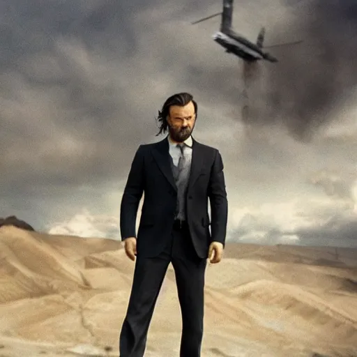 Image similar to kurdish capitalist wearing a suit, dressed smart, in a movie directed by christopher nolan, movie still frame, promotional image, imax 7 0 mm footage