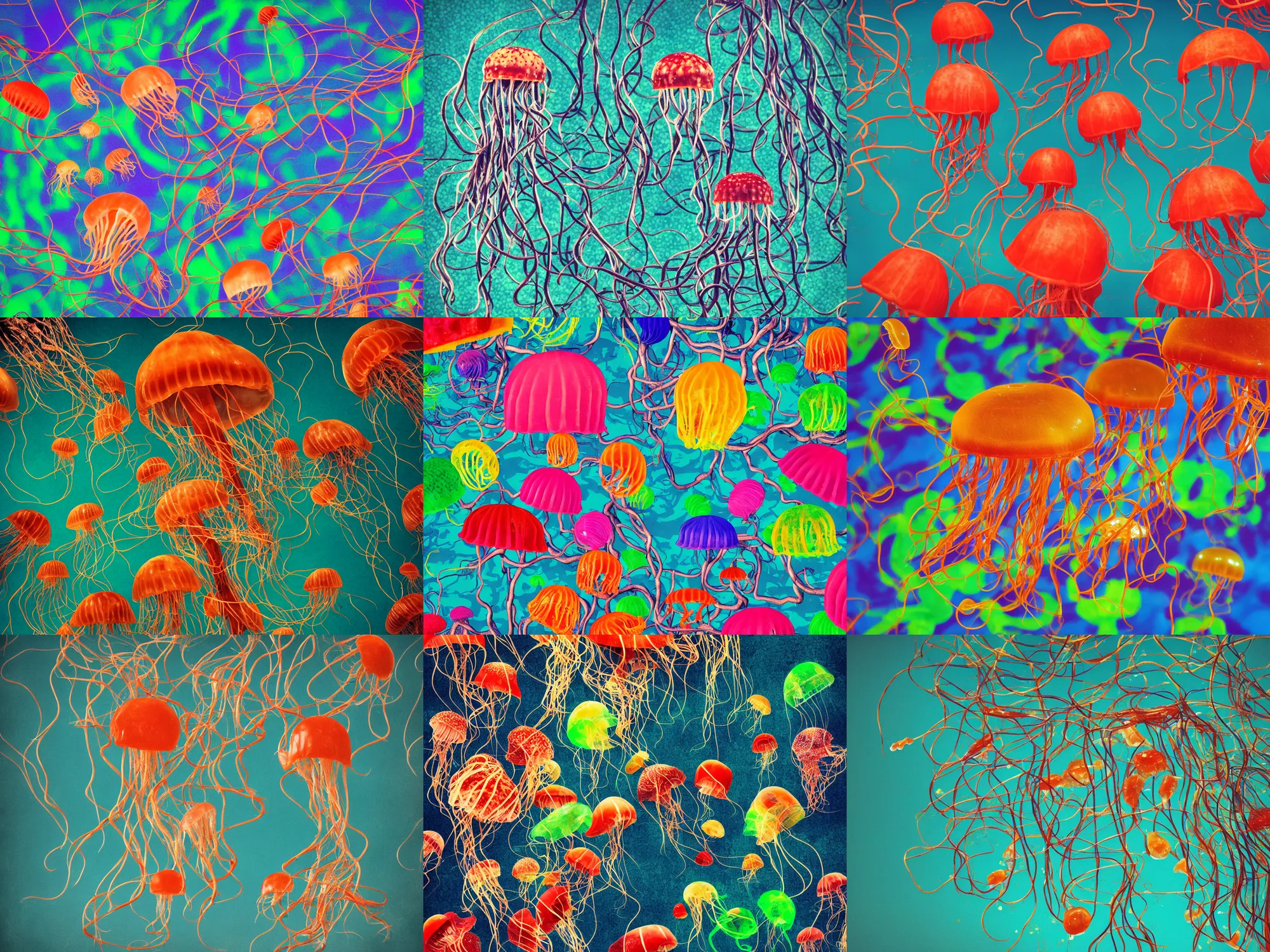 Prompt: side view a group of hamburger mix jellyfish growing form tree branch, super resolution, 8 k, sharp focus, pop art, cyberpunk, pop art, old school, style by henri matisse