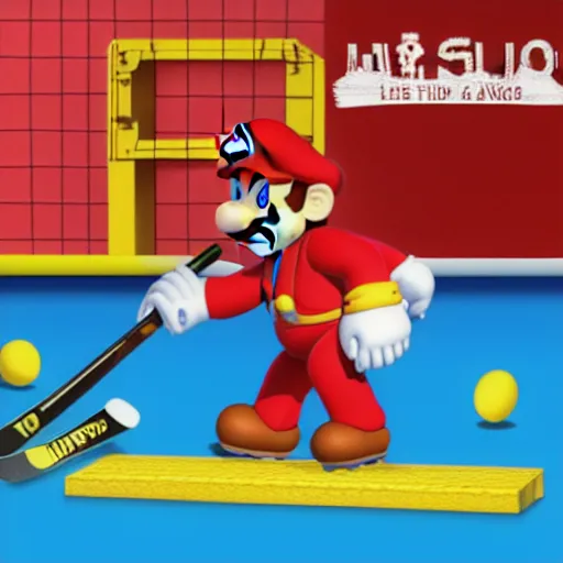 Image similar to super mario playing hockey, highly detailed, extremely high quality, hd, 4 k, 8 k, canon 3 0 0 mm, professional photographer, 4 0 mp, lifelike, top - rated, award winning, realistic, detailed lighting, detailed shadows, sharp, no blur, edited, corrected, trending