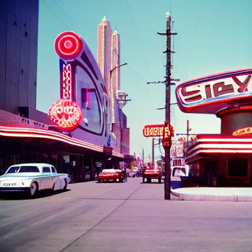 Prompt: space station city with route 6 6, americana architecture, streets and neon signs, happy people walking and retro robots, huge glass windows, space, wide angle photo, incredible composition, detailed, kodachrome