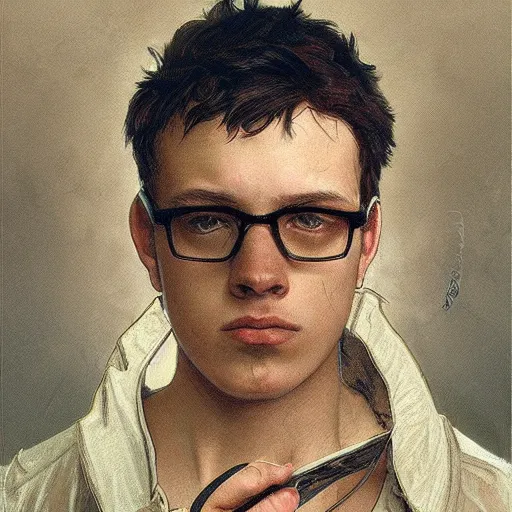 Prompt: portrait of depressed teen, ugly, nerds, hair looks like a helmet, straight stiff dry damaged hair, male, glasses, medium hair, oval face, olive skin color, D&D, concept art, art by Greg Rutkowski and Alphonse Mucha