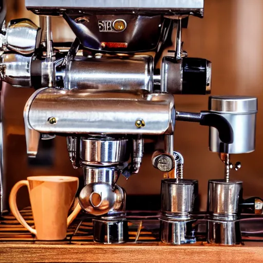 Prompt: dslr photo of a steampunk robotic espresso machine with small gears and nailed copper plates, android coffee shop, very scientific, 4 k, photorealistic, cafe lighting, cinematic, highly detailed, by ridley scott,