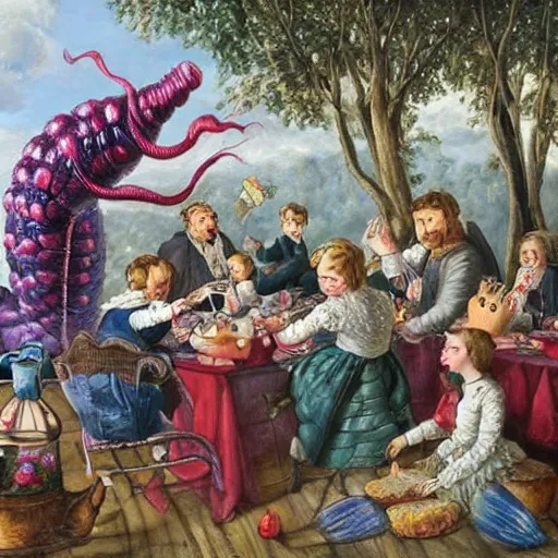 Prompt: a giant worm disrupting a tea party in england, painting, beautiful art,