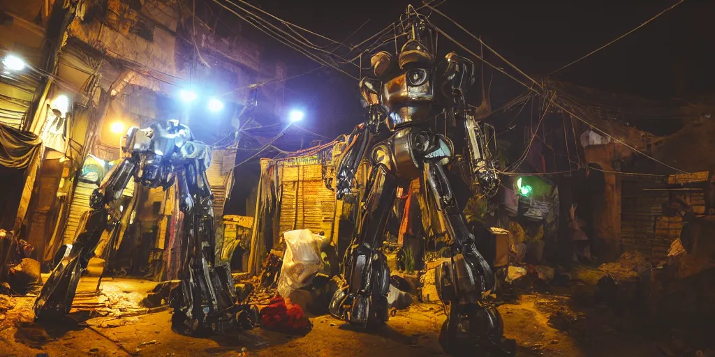 Image similar to mecha ROBOT of AJEGUNLE SLUMS of Lagos inside african JESUS CHRIST about AESTHETICS surrounding large UFO within NEON rays of light, 35mm, f/1.4,