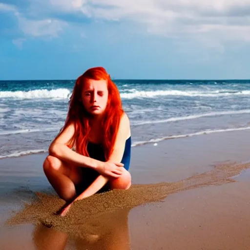 Image similar to drowned redhead princess on beach,