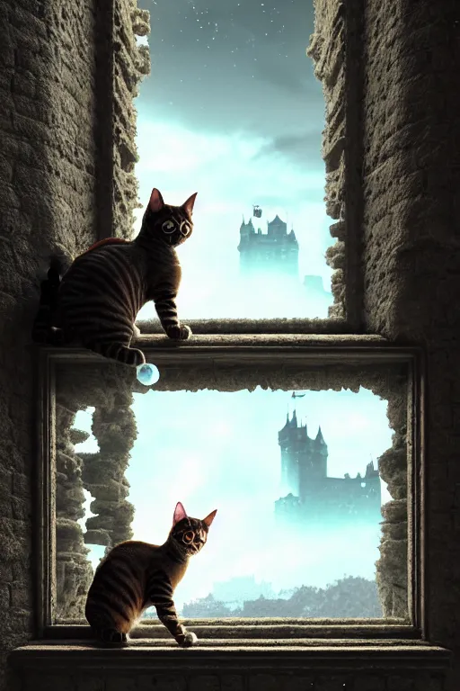 Image similar to humanoid cat looking out a castle window at his kingdom while a court jester waves at him, intricate detailed environment, photorealistic!, octane render, mechanical, concept art, cinematic lighting, digital art, interstellar, hyper realism, sharp, cyberpunk, 8 k, de dia los muertos. by angus mckie, moebius, maciej kuciara