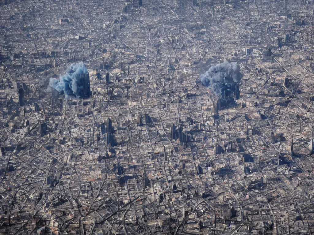 Image similar to city is being destroyed by a falling meteor, view from above, explosion, shreds, ruins