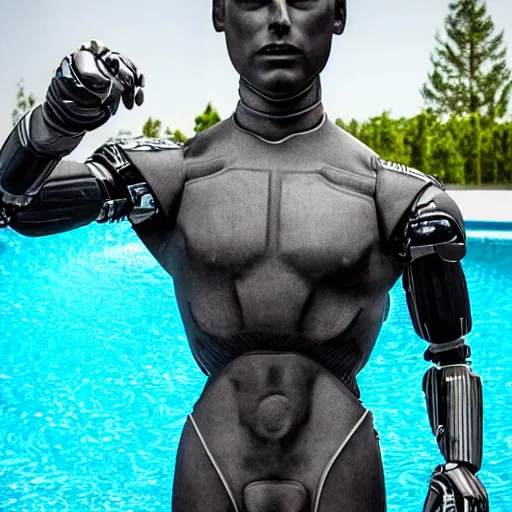 Image similar to a realistic detailed photo of a guy who is an attractive humanoid who is half robot and half humanoid, who is a male android, wrestler nick suriano, shiny skin, posing like a statue, blank stare, by the pool, on display, showing off his muscles, humanoid robot, frozen ice statue