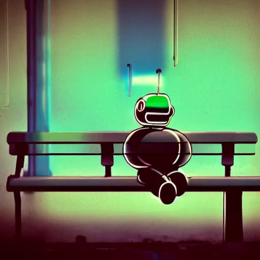 Image similar to vintage phto of a fat robot sitting alone in a streetbench, diezelpunk, cyberpunk, stray, neon lights