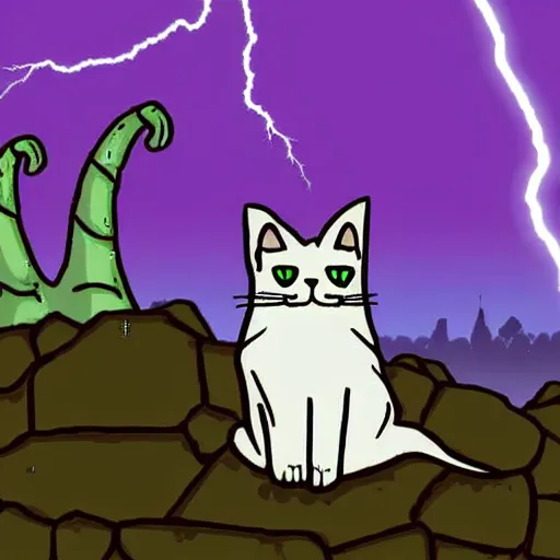Prompt: a cat is sitting on a rock and looks at a total fallout city, while it is radioactive raining and a wild ghoul is coming nearby, there is a lightning which is purple