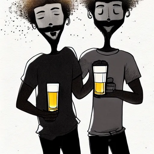 Image similar to two beautiful chad men drinking beers, many white hearts, friendship, love, sadness, dark ambiance, concept by Godfrey Blow, featured on deviantart, drawing, sots art, lyco art, artwork, photoillustration, poster art