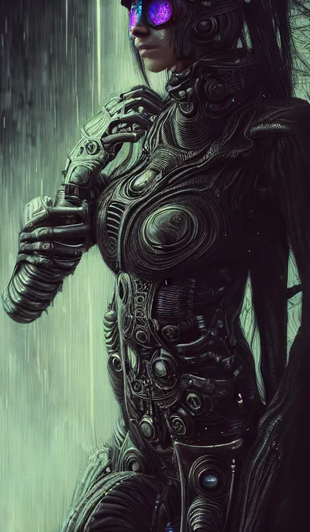 Image similar to a highly detailed long shot photo of cyberpunk female character by ayami kojima, elf, beksinski, giger, elf, rifle, intricate, digital painting, artstation, concept art, smooth, sharp focus, full body shot