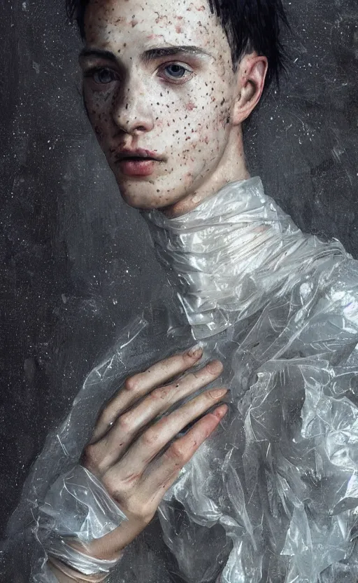 Prompt: half body portrait of julian, in an outfit made from plastic bags, black hair, freckles, pale skin, photo by greg rutkowski, high fashion, androgyn teen model, intricate detail, elegance, sharp shapes, soft lighting, vibrant colors, masterpiece