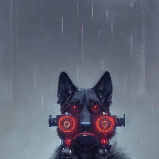 Image similar to new york city portrait of furry anthro anthropomorphic german shepard head animal person fursona wearing clothes strange cybernetic muzzle gloomy rainy cyberpunk digital art by Greg Rutkowski, Simon Stalenhag, trending on Artstation, CGSociety