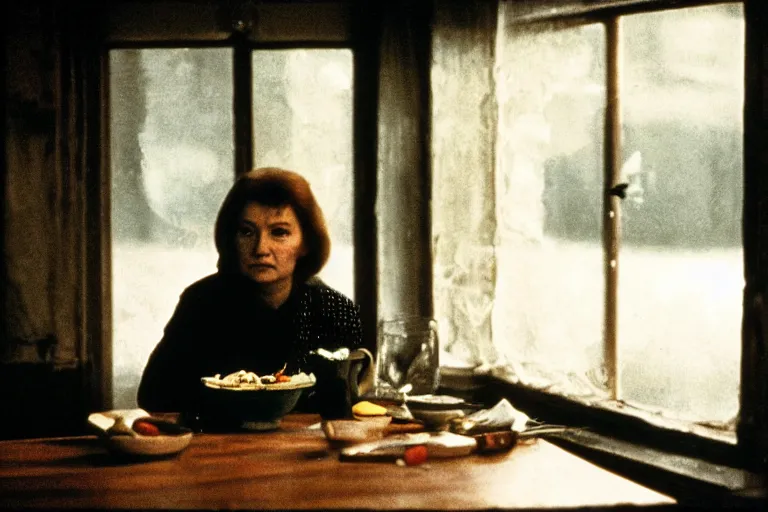 Image similar to soviet movie still a soviet woman sitting at a table next to the window with food, dark warm light, a character portrait by margarita terekhova, movie stalker solaris film still by andrei tarkovsky, 8 k, 1 9 8 4, close - up bokeh, gelios lens, color, noir