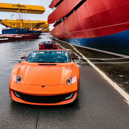 Image similar to professional high quality wide - angle image of a colorful sports car from the year 2 0 7 7 that is badly damaged and crashed halfway into the water at a stevedoring port. ( 2 0 7 7 kodachrome panavision ). the weather is sunny but with a small rain cloud. imax 7 0 mm, wide - angle.