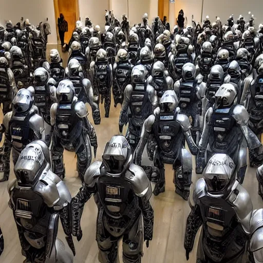 Image similar to love, diverse wall of cybersuits, from behind, many rituals, wide wide angle, vivid, elaborate, highly detailed, beautiful lighting