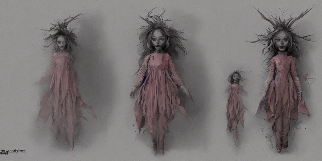 Image similar to cursed doll design, design sheet, Moebius, Greg Rutkowski, Zabrocki, Karlkka, Jayison Devadas, Phuoc Quan, trending on Artstation, 8K, ultra wide angle, zenith view, pincushion lens effect