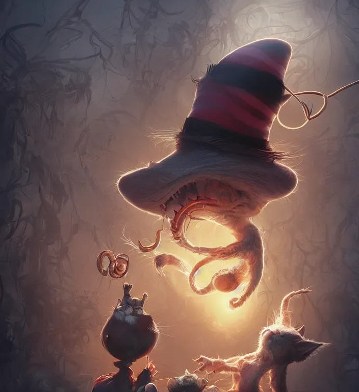 Prompt: complex 3 d render, hyper detailed, ultra sharp, of the cat in the hat, scary, cosmic horror, cinematic, natural soft light, rim light, art by greg rutkowski and artgerm and moebius, dr seuss