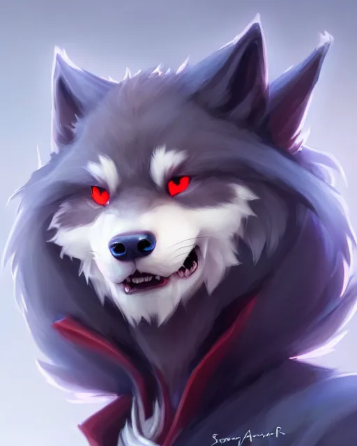 Image similar to character concept art of a dark grey anthropomorphic furry wolf with long red hair blue eyes | | cute - fine - face, pretty face, key visual, realistic shaded perfect face, fine details by stanley artgerm lau, wlop, rossdraws, james jean, andrei riabovitchev, marc simonetti, and sakimichan, artstation