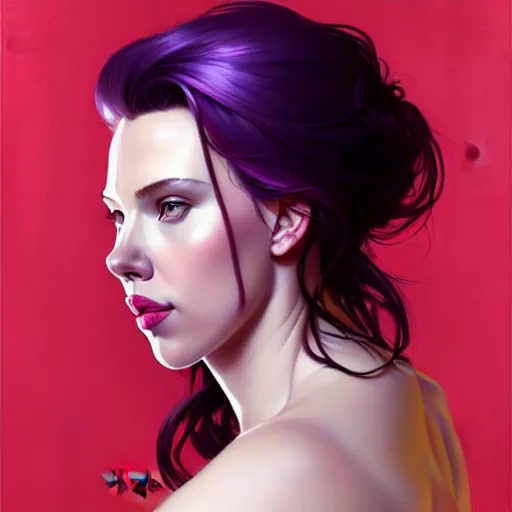 Prompt: portrait of seductive scarlett johanson, purple hair, attractive features, slight smile, highly detailed, digital painting, artstation, concept art, sharp focus, illustration, art by WLOP and greg rutkowski and alphonse mucha and artgerm